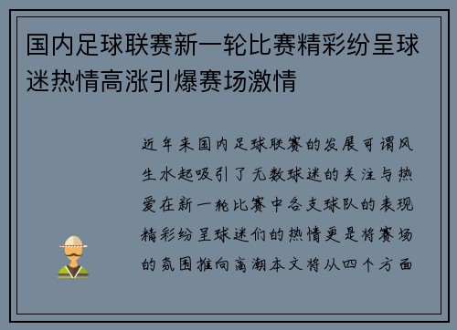 国内足球联赛新一轮比赛精彩纷呈球迷热情高涨引爆赛场激情