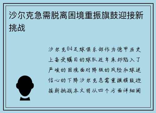 沙尔克急需脱离困境重振旗鼓迎接新挑战