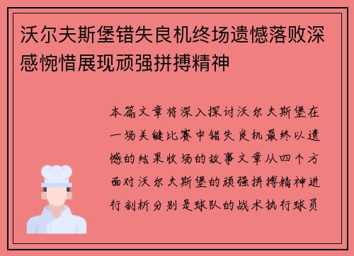 沃尔夫斯堡错失良机终场遗憾落败深感惋惜展现顽强拼搏精神