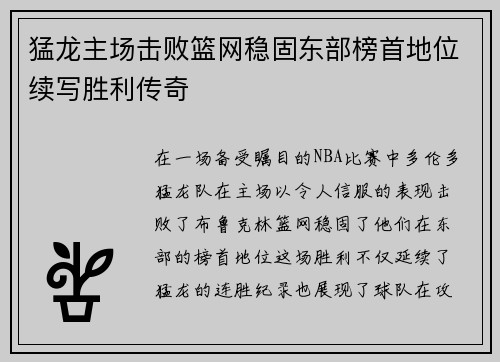 猛龙主场击败篮网稳固东部榜首地位续写胜利传奇