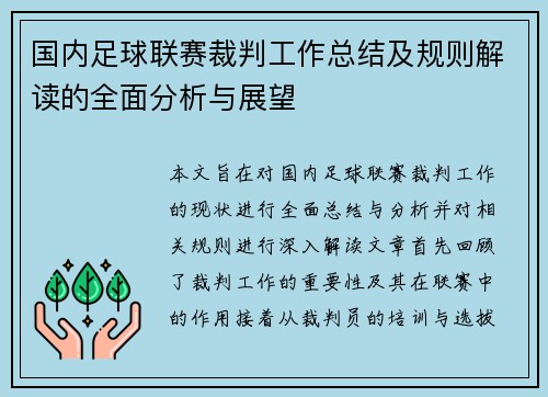 国内足球联赛裁判工作总结及规则解读的全面分析与展望