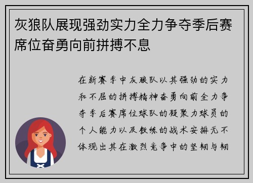 灰狼队展现强劲实力全力争夺季后赛席位奋勇向前拼搏不息