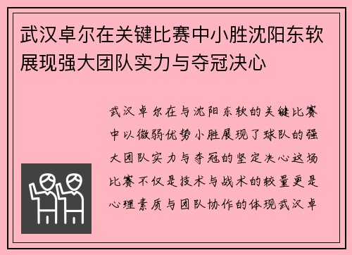 武汉卓尔在关键比赛中小胜沈阳东软展现强大团队实力与夺冠决心