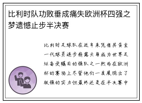 比利时队功败垂成痛失欧洲杯四强之梦遗憾止步半决赛