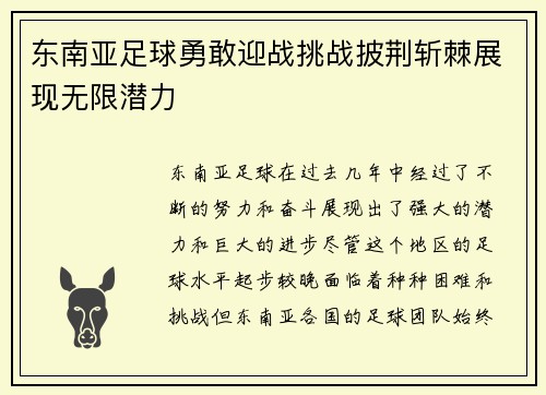 东南亚足球勇敢迎战挑战披荆斩棘展现无限潜力