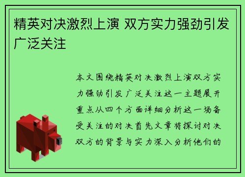 精英对决激烈上演 双方实力强劲引发广泛关注