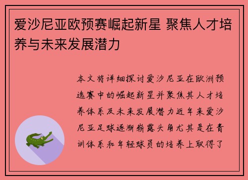 爱沙尼亚欧预赛崛起新星 聚焦人才培养与未来发展潜力