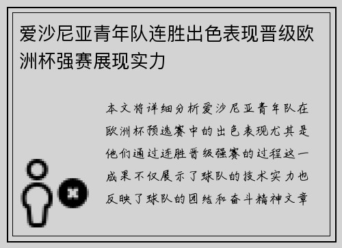 爱沙尼亚青年队连胜出色表现晋级欧洲杯强赛展现实力