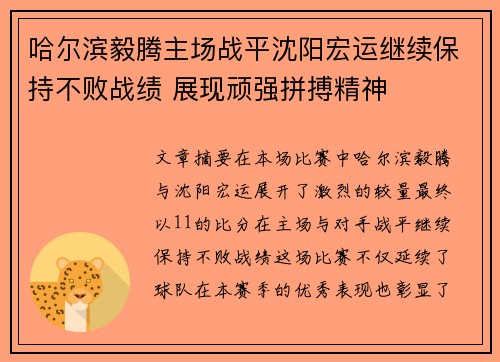 哈尔滨毅腾主场战平沈阳宏运继续保持不败战绩 展现顽强拼搏精神