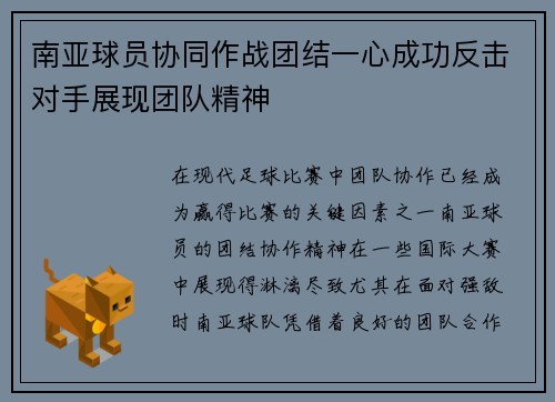 南亚球员协同作战团结一心成功反击对手展现团队精神