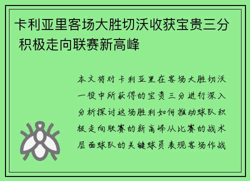 卡利亚里客场大胜切沃收获宝贵三分 积极走向联赛新高峰