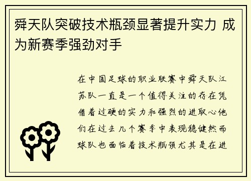 舜天队突破技术瓶颈显著提升实力 成为新赛季强劲对手