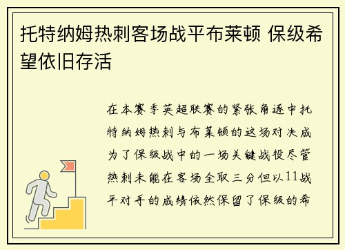 托特纳姆热刺客场战平布莱顿 保级希望依旧存活