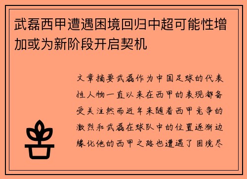 武磊西甲遭遇困境回归中超可能性增加或为新阶段开启契机