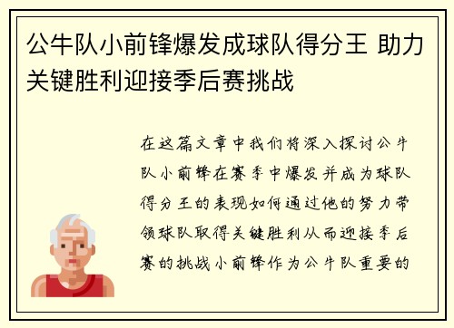公牛队小前锋爆发成球队得分王 助力关键胜利迎接季后赛挑战