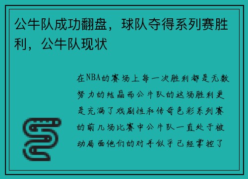 公牛队成功翻盘，球队夺得系列赛胜利，公牛队现状