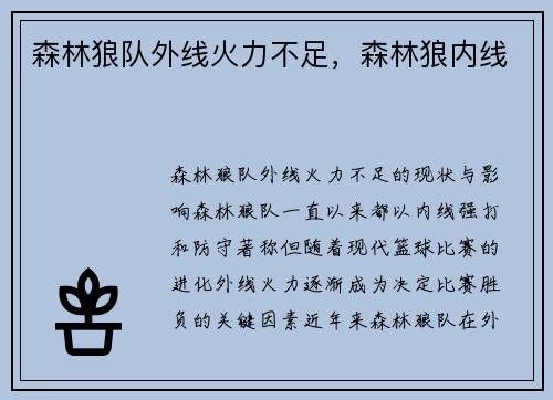 森林狼队外线火力不足，森林狼内线