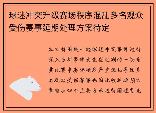 球迷冲突升级赛场秩序混乱多名观众受伤赛事延期处理方案待定