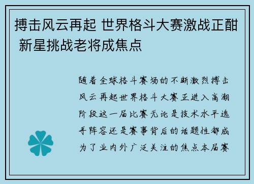 搏击风云再起 世界格斗大赛激战正酣 新星挑战老将成焦点