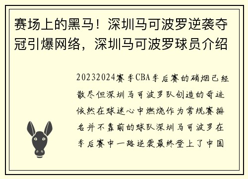 赛场上的黑马！深圳马可波罗逆袭夺冠引爆网络，深圳马可波罗球员介绍